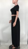 Fashion Navel Exposed Solid Color Wide-leg Pants Two-piece Set