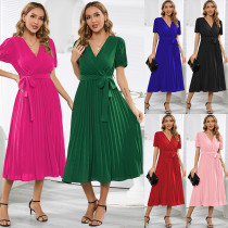 Summer New V-neck Puff Sleeve Pleated Dress