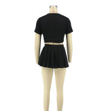 Fashion Lacing Embroidery Top Sexy Pleated Skirt Two-piece