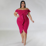 Solid Color One Word Collar Suspender Plus Size Dress