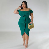 Solid Color One Word Collar Suspender Plus Size Dress