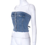 Fashion Street Trend Denim Elastic Wrap Button Top