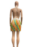 Sexy See-through Knitted Hand Hook Tassel Colorful Beach Skirt Two-piece Set