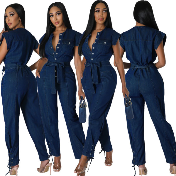 Plain Denim Belt Casual Jumpsuit