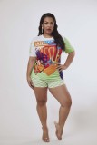 Letter Print Large Version Loose T-shirt Check Pattern Tight Shorts Two Pieces