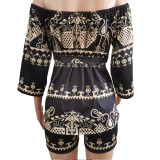 New Fashion Printed One Shoulder Puff Sleeve Top Shorts Set