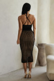 Fashion Sexy Suspenders Backless Hollow Knit Skirt Set