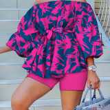 New Fashion Printed One Shoulder Puff Sleeve Top Shorts Set