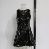 Zipper PU High Elastic V-neck Mini Dress