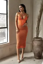Fashion Sexy Suspenders Backless Hollow Knit Skirt Set