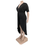Solid Color V-neck Slit Skinny Package Hip Plus Size Women's Dress