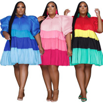 Splicing Contrasting Color Puff Sleeve Large Swing Skirt Plus Size Dress