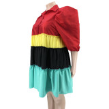 Splicing Contrasting Color Puff Sleeve Large Swing Skirt Plus Size Dress