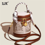Fashion Embroidered Cylindrical Shoulder Messenger Bucket Bag