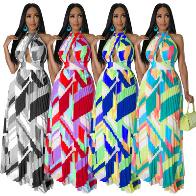 Halter Neck Open Back Pleated Swing Skirt Print Sleeveless Dress