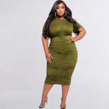 Solid Color Pleated Short-sleeved Sexy Tight Plus Size Dress