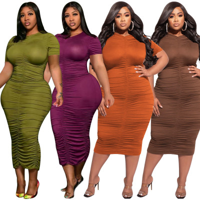 Solid Color Pleated Short-sleeved Sexy Tight Plus Size Dress