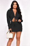 Hollow Tie One-piece Breasted Bag Hip Shirt Dress
