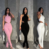 Summer New Solid Color Hanging Neck Tops Pants Casual Suit
