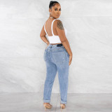 Personality Ripped Diagonal Buckle Stretch Jeans