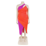 Pit Strip Contrasting Color Split Slant Shoulder Zipper Dress