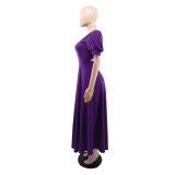 Elegant Puff Sleeve Waist Cutout Summer Dress