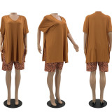 Fashion Casual Slit T-shirt Leopard Print Shorts Two-piece Set