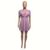 Deep V Lapel Short-sleeved Slim-fit Solid Color Pleated Dress