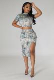 Fashion Casual Slit Skirt Camouflage Print Two-piece Set