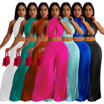 Halter Neck Open Back Pleated Wide-Leg Pants Two-Piece Set