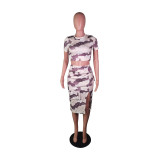 Fashion Casual Slit Skirt Camouflage Print Two-piece Set