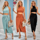 Solid Color Casual Halter Neck Sleeveless Skirt Set