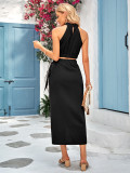 Solid Color Casual Halter Neck Sleeveless Skirt Set