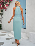 Solid Color Casual Halter Neck Sleeveless Skirt Set