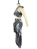 Printed Wrap-breast Open-back Mermaid Dress Two-piece Set