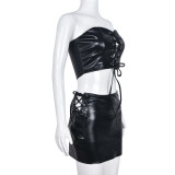 Stretch Leather Tie Wrap Bust Skirt Two-piece Set