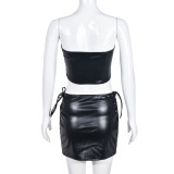 Stretch Leather Tie Wrap Bust Skirt Two-piece Set