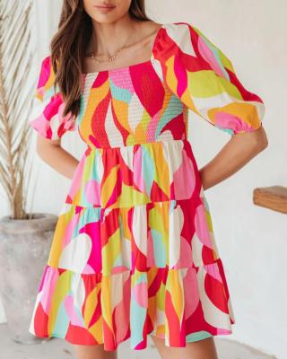 Offset Neck Pullover Geometric Pattern Loose Short Sleeve Dress