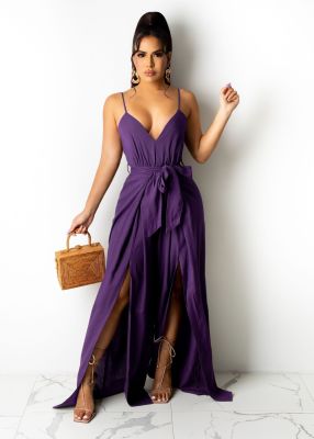 Summer New Solid Color Wide-leg Slit Suspender Jumpsuit