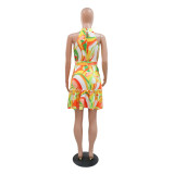Fashion Digital Printing Halter Neck Irregular Hem Dress