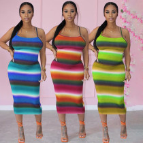Trendy Rainbow Print Sling Backless Dress