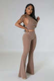 Sexy Solid Color Round Neck Sleeveless High Elastic Flared Pants Two-Piece Set