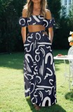 Puff Sleeve Top Hollow Out Big Swing Long Skirt Suit