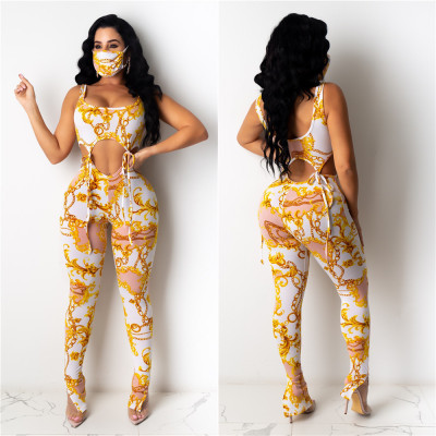 Fashion Print Lace-Up Side Slit Slim Fit Suit With Mask