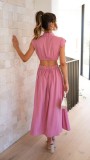 Fashion Stand Collar Macaron Color Open Waist Long Dress