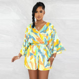 New V-neck Sexy Backless Printed Shorts Jumpsuit