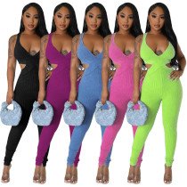 Solid Color Sleeveless Sexy Deep V-neck Tight Jumpsuit