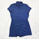 Casual Loose Solid Color Double Pocket Short Sleeve Workwear Jumpsuit