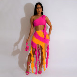 Sexy Sloping Shoulders Slim-fit Short Top With Hips And Fringed Skirt Two-piece Set