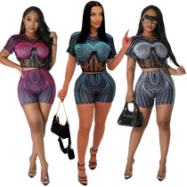 Summer Fashion Printed Mesh Splicing Two-piece Set